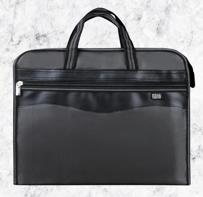 File Bag Canvas A4 Zipper Tote Bag Men's Office Briefcase Waterproof Information Bag Large Capacity: Black
