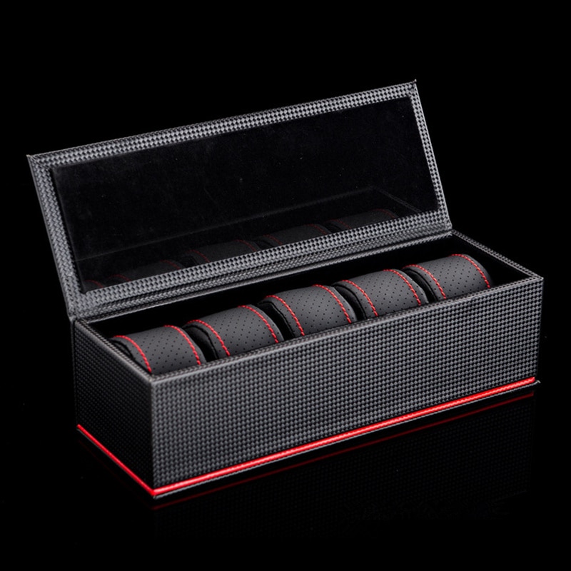 5 Slots Lederen Horloge Opbergdozen Case Black Carbon Fibre Horloge Organizer Mannen Mechanische Horloge Opslag Case