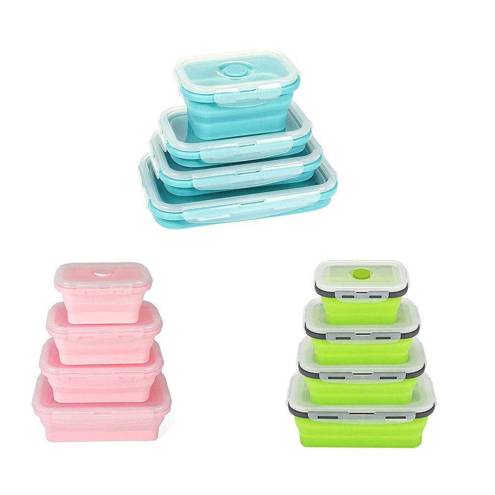 Fda 3/4 Pcs Draagbare Opvouwbare Lunchbox Vierkante Siliconen Lunchbox Magnetron Lunchbox Plastic Koelkast Hoge Temperatuur