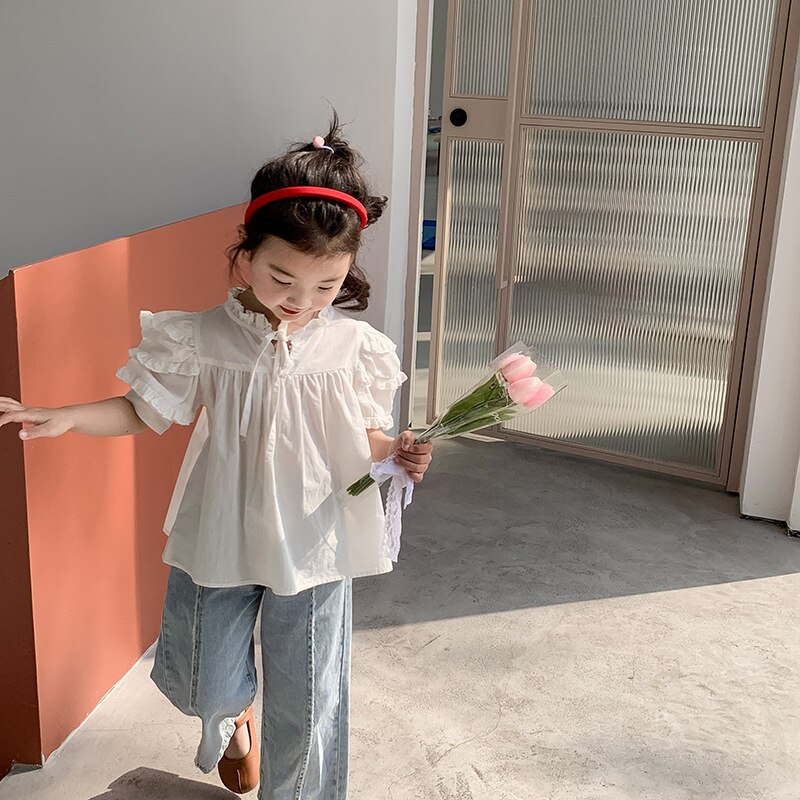 Blusas de cuello alto de encaje para niñas de 1 a 8 años, Tops informales de algodón con manga abombada, color blanco, Verano