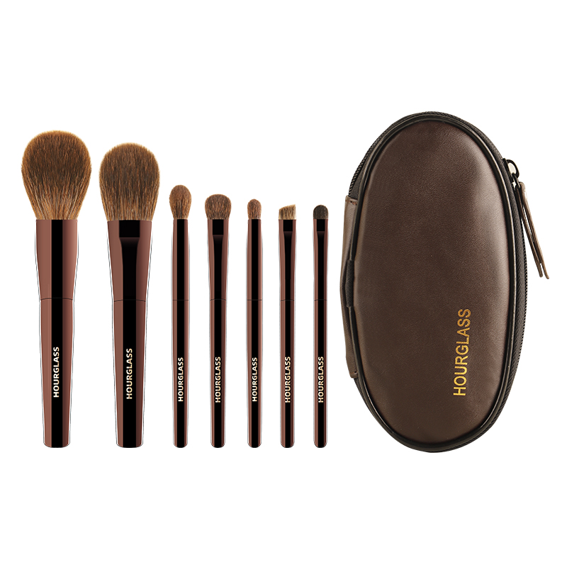 Zandloper make-up kwastenset Mini draagbaar 7-delig, hoogwaardige zachte dierenhaarborstel inclusief oogschaduw, blozen, poederborstel
