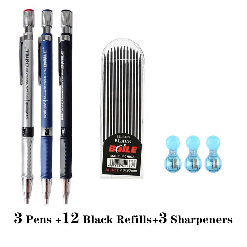 Student Office 2.0 Mechanical Pencil Triangular Non-slip Grip 12 Color Pencil Lead Drawing With Sharpener: 3Pens Black-leads