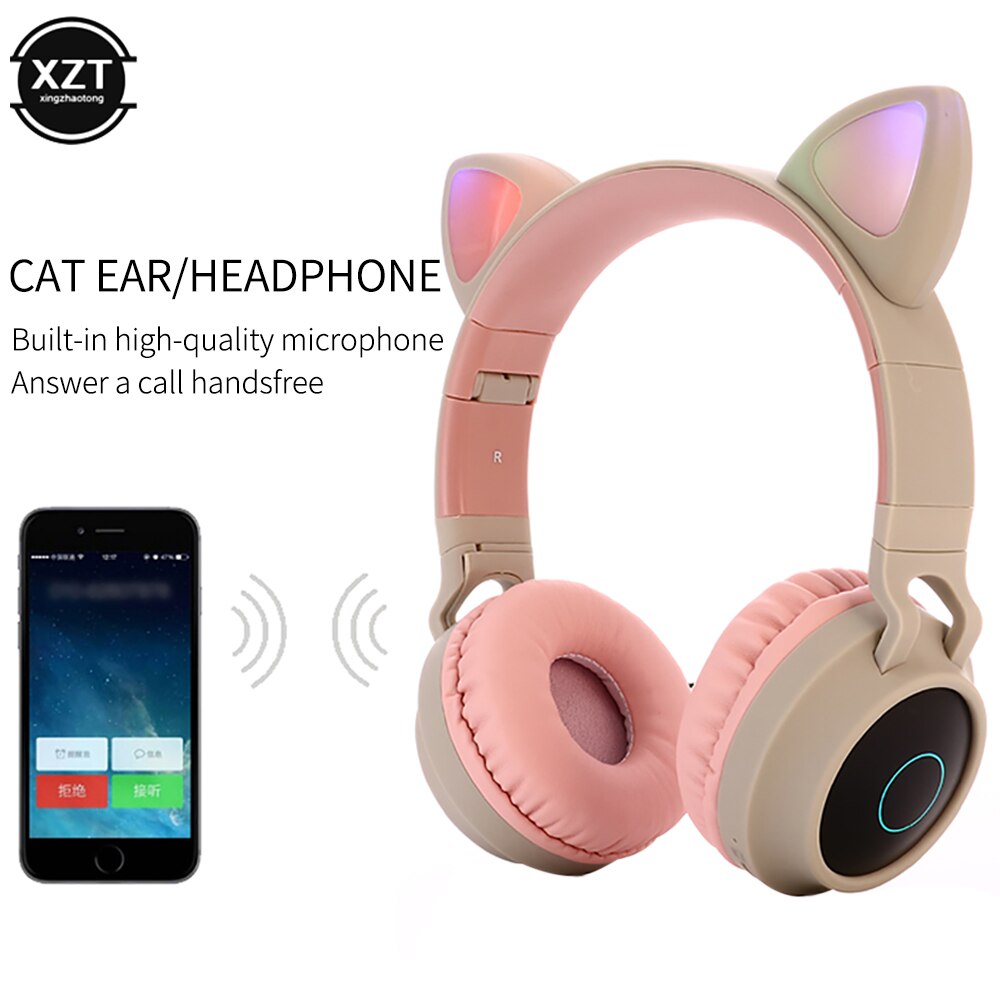 Auriculares estéreo con Bluetooth 5,0 y luz LED, bonito de gatos, auriculares Hifi inalámbricos para música, cascos estéreo con graves para teléfonos móviles y niñas, soporta tarjeta TF