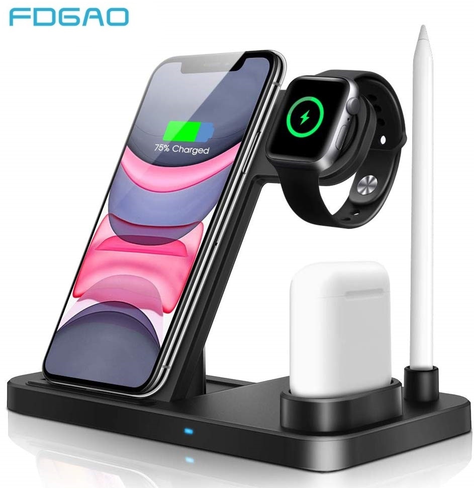 Suporte carregador sem fio 4 em 1 qi, suporte para iphone 11, pro, xs max, xr, x, doca de carregamento rápido para apple watch 5 4 3 2 1 airpods pro