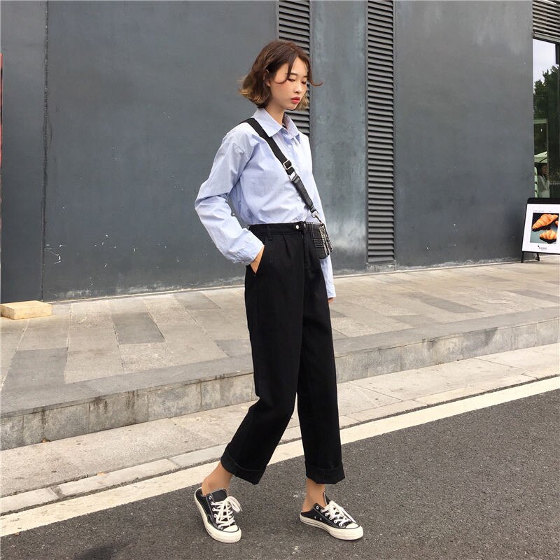 Kvinder harem jeans bukser høj talje løse hvide denim mom jeans kvindelige sorte knapper bukser forår streetwear