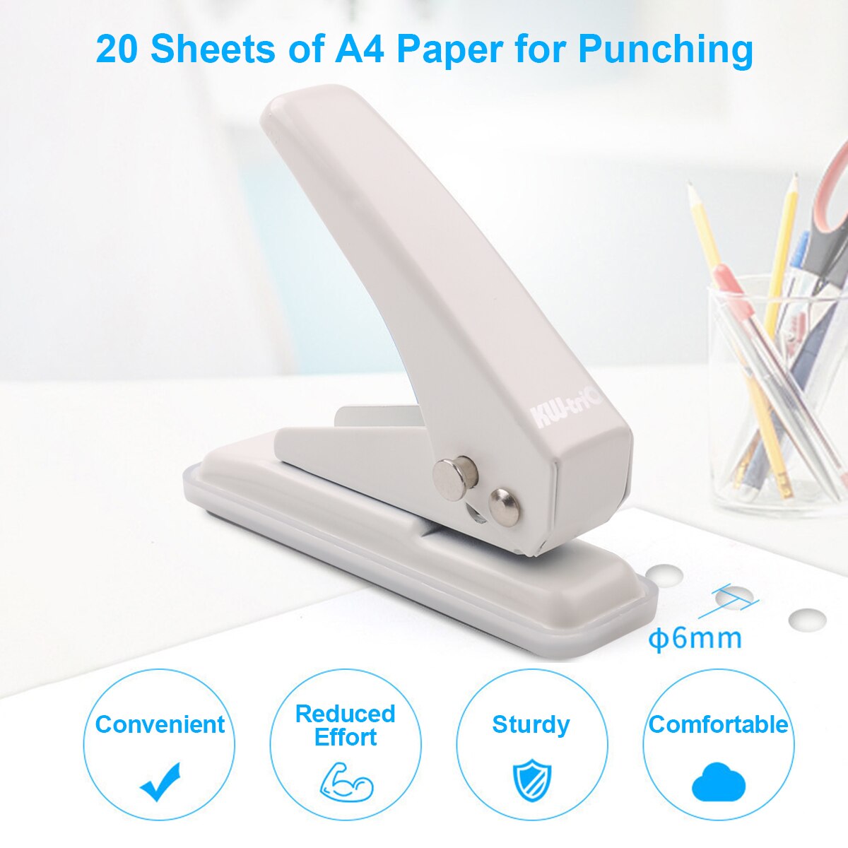 Kw-Trio Mini Metalen Enkele Perforator 1-Gat Papier Puncher 20 Vel Capaciteit 6Mm Gaten Verminderde inspanning Met Kladjes Collector