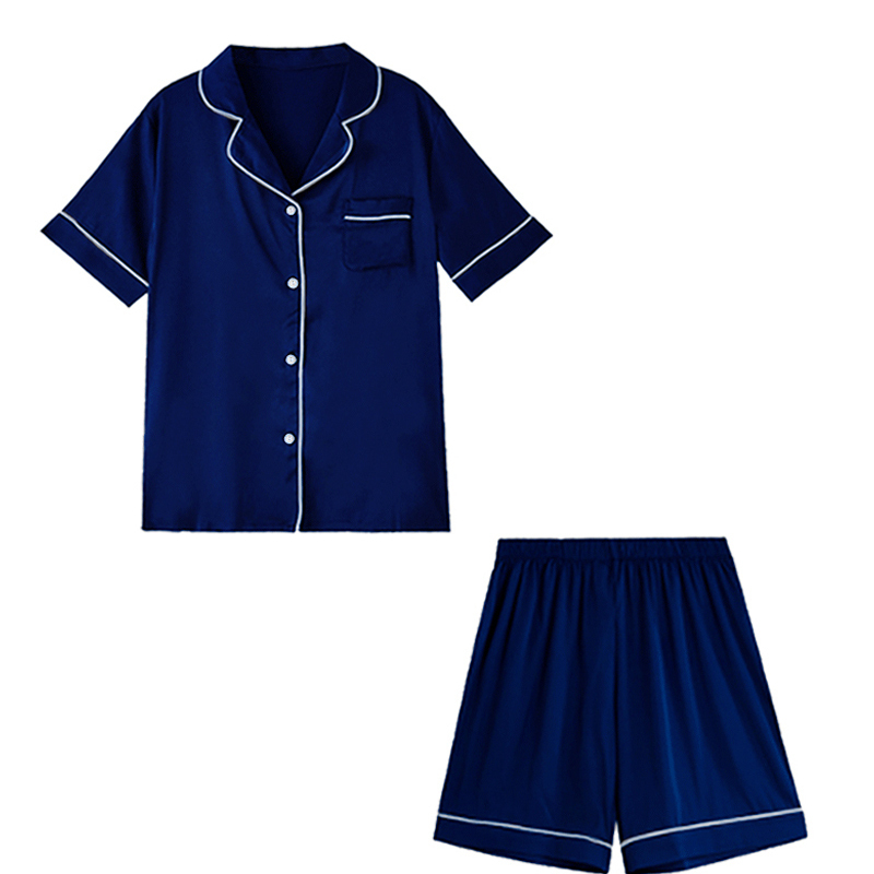 Summer Blue Women's Pajama Set Faux Stain Sleepwear V-neck Pyjama Button Top Shorts Slim 2-piece Female Nightgown Loungewear