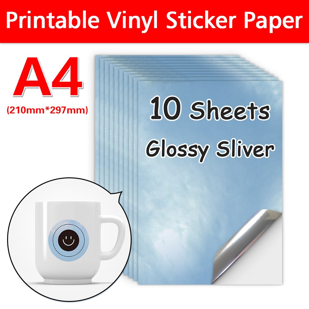 10 Sheets Printable Vinyl Sticker Paper For Inkjet Printer A4 Transparent Waterproof Self-Adhesive Copy Paper DIY Patten Sticker: Glossy Silver