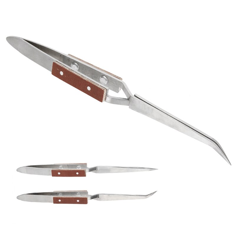 2 X Self Locking Closing Tweezers Straight Curved Tweezer Anvil Wood Grip