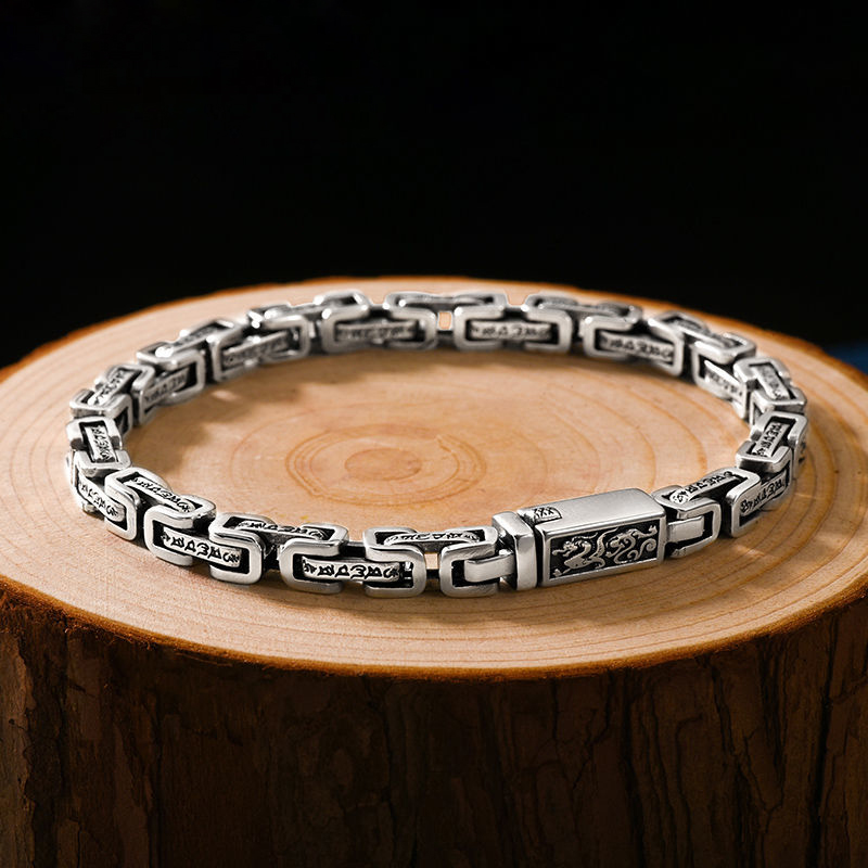 Il nuovo modello di drago Mantra a sei caratteri bracciali in argento uomo Trend Retro Hipster Hip-hop personalità braccialetto gioielli