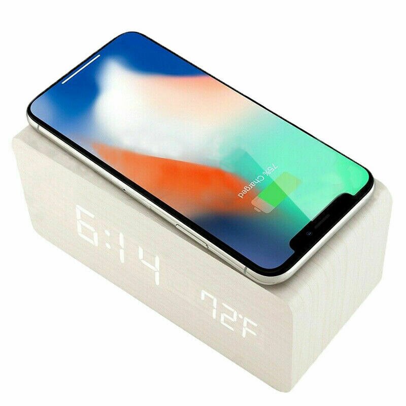 Moderne Thuis Houten Hout Digitale Led Desk Wekker Thermometer Qi Draadloze Oplader Voor Iphone: WHITE