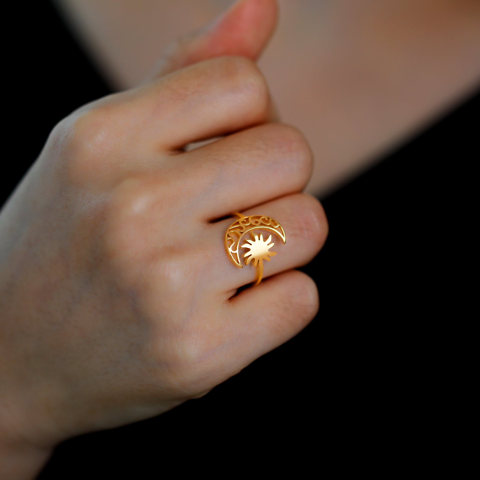 Skyrim-Anillo de sol con forma de luna creciente para mujer, anillos abiertos de acero inoxidable, joyería bohemia de , de cumpleaños,