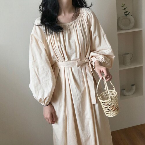 Superaen estilo coreano outono sólido o pescoço plissado laço-up cintura abraçando-bolso tornozelo comprimento longo lanterna manga vestido feminino: white