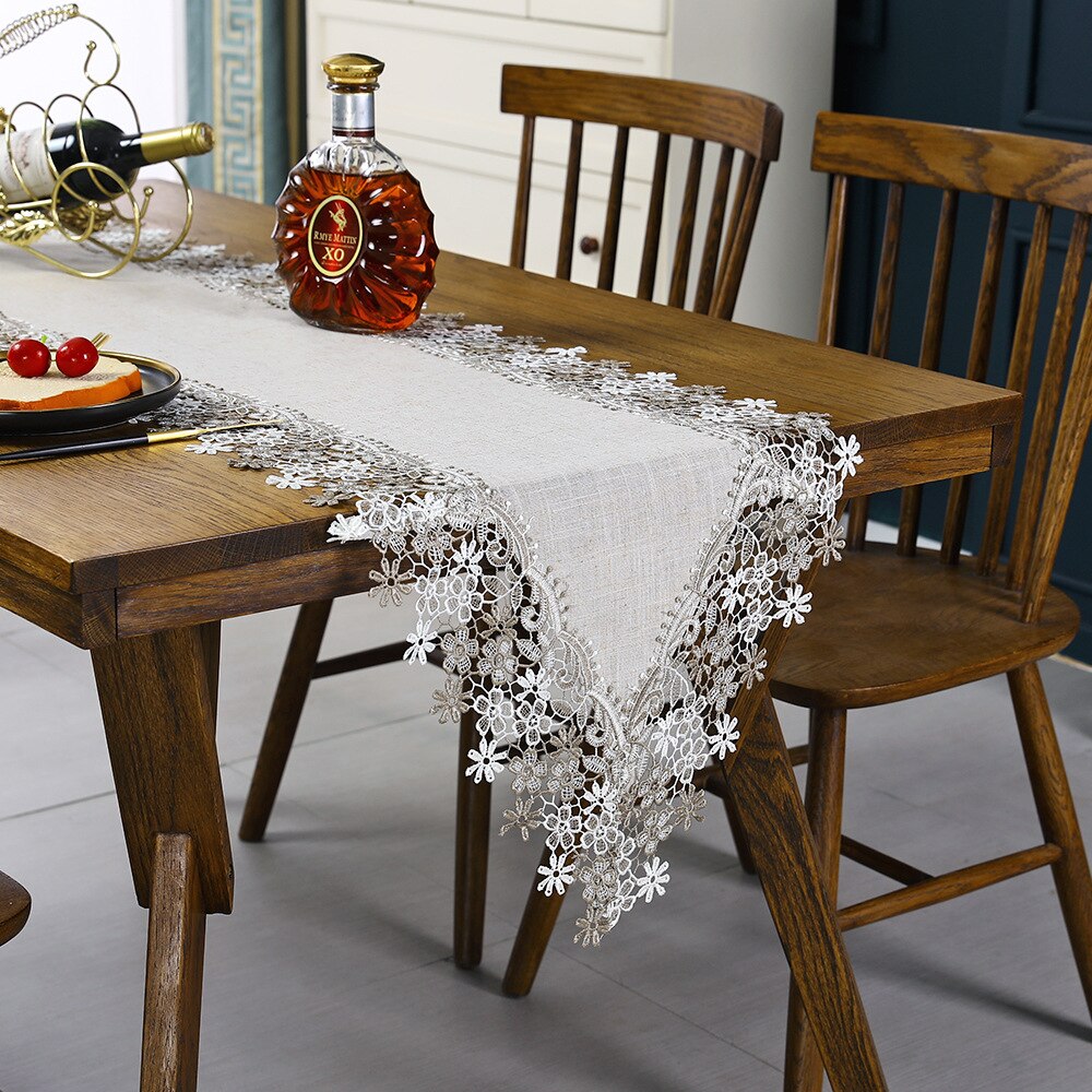 Lace Embroidered Table-runner Decorative Cotton Linen White Lace Embroidery Table Runner: 40x270cm / linen