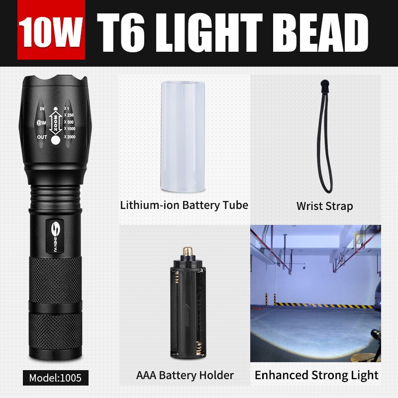 SHENYU LED Flashlight 18650 26650 Torch Waterproof Flashlight Cree XML t6 1000 lumen Zoomable Light: 1005 T6 10w Enhanced