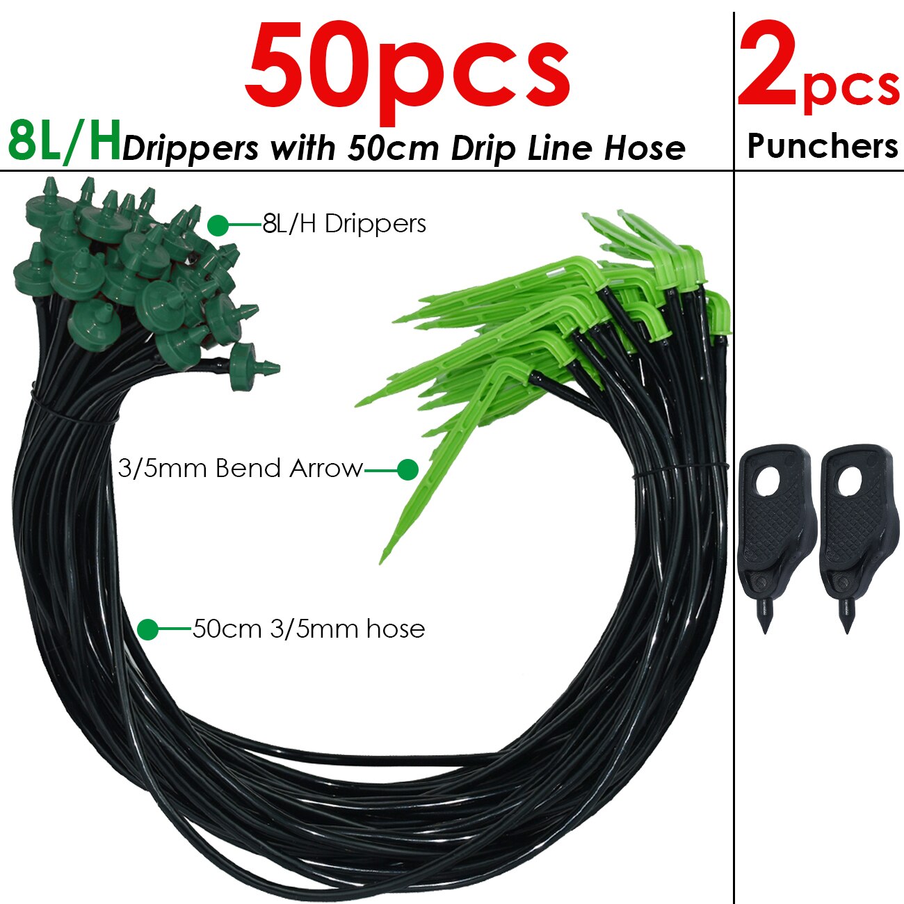 KESLA invernadero 50 Uds riego por goteo 2L/H 4L 8L goteros de flecha curva Kit de sistema de riego de jardín manguera de 3/5mm para herramientas de macetas: Rojo