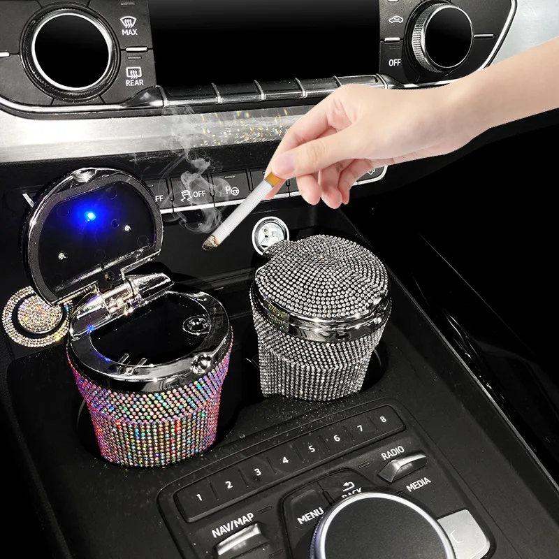 Cenicero de coche portátil para mujer, portavasos cilíndrico sin humo con indicador de luz LED azul, accesorios para coche