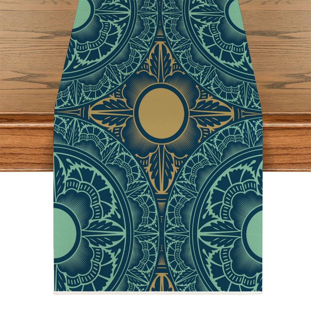 Bordlöpare med mandalatryck i vibrerande blå och gyllene färg för lantlig köksmatsal och inomhusfestdekoration: 34*240cm