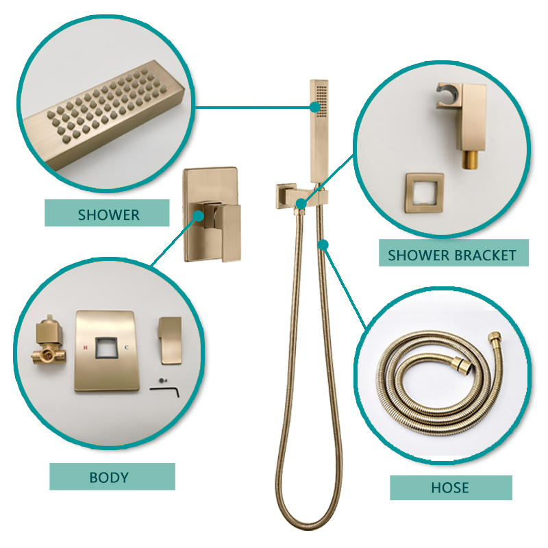 Brushed Gold Hand Shower System Set with Wall Mounted Concealed Tap Faucet Mixer Round and Square and Cold Bathroom Fixture