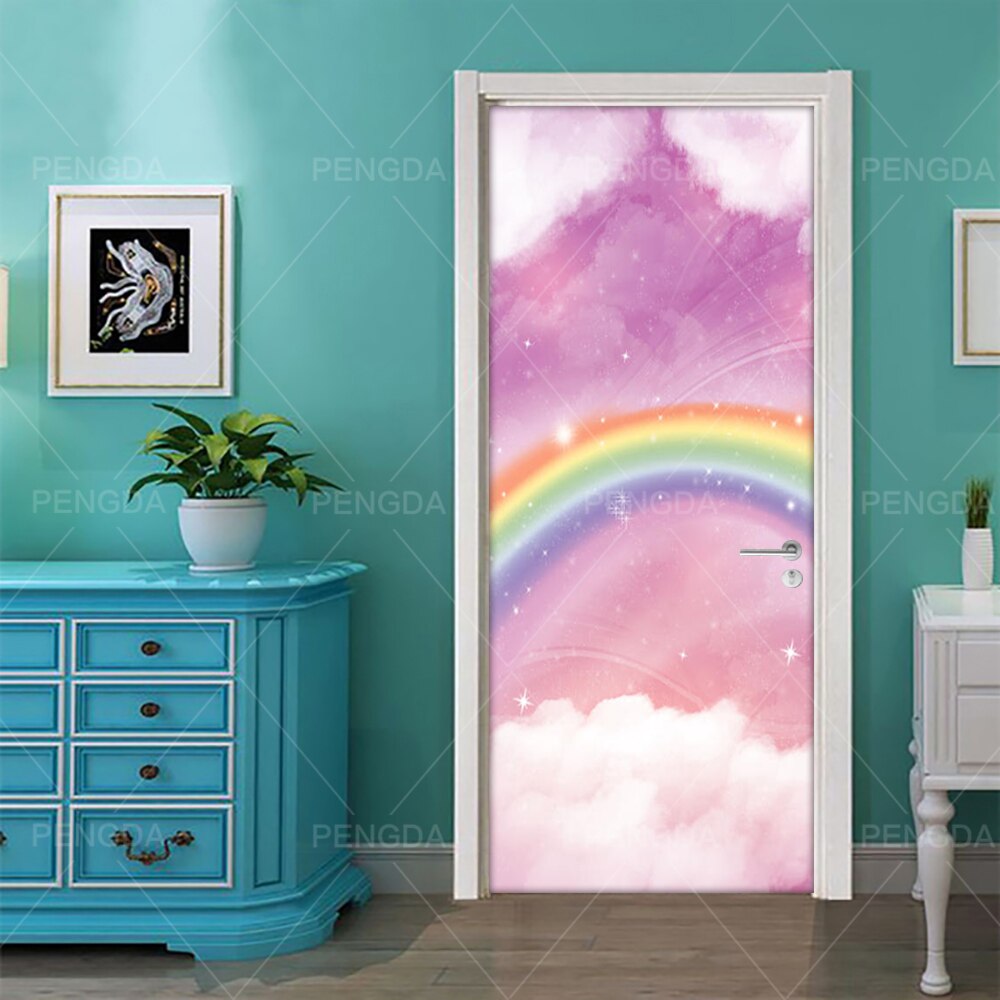 DIY Door Sticker Self Adhesive Paper for Living Room Rainbow Cloud Decal Home Decor Scenery PVC Waterproof 3D Print Sticker Art: Door YXCV2551-06 / 77x200cm