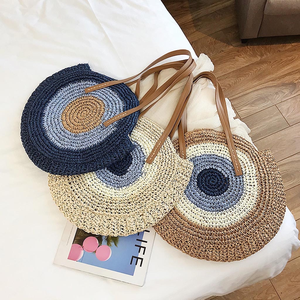 Round Straw Beach Bag Vintage Handmade Woven Shoulder Bag Raffia circle Rattan bags Bohemian Summer Vacation Casual Bags #H25