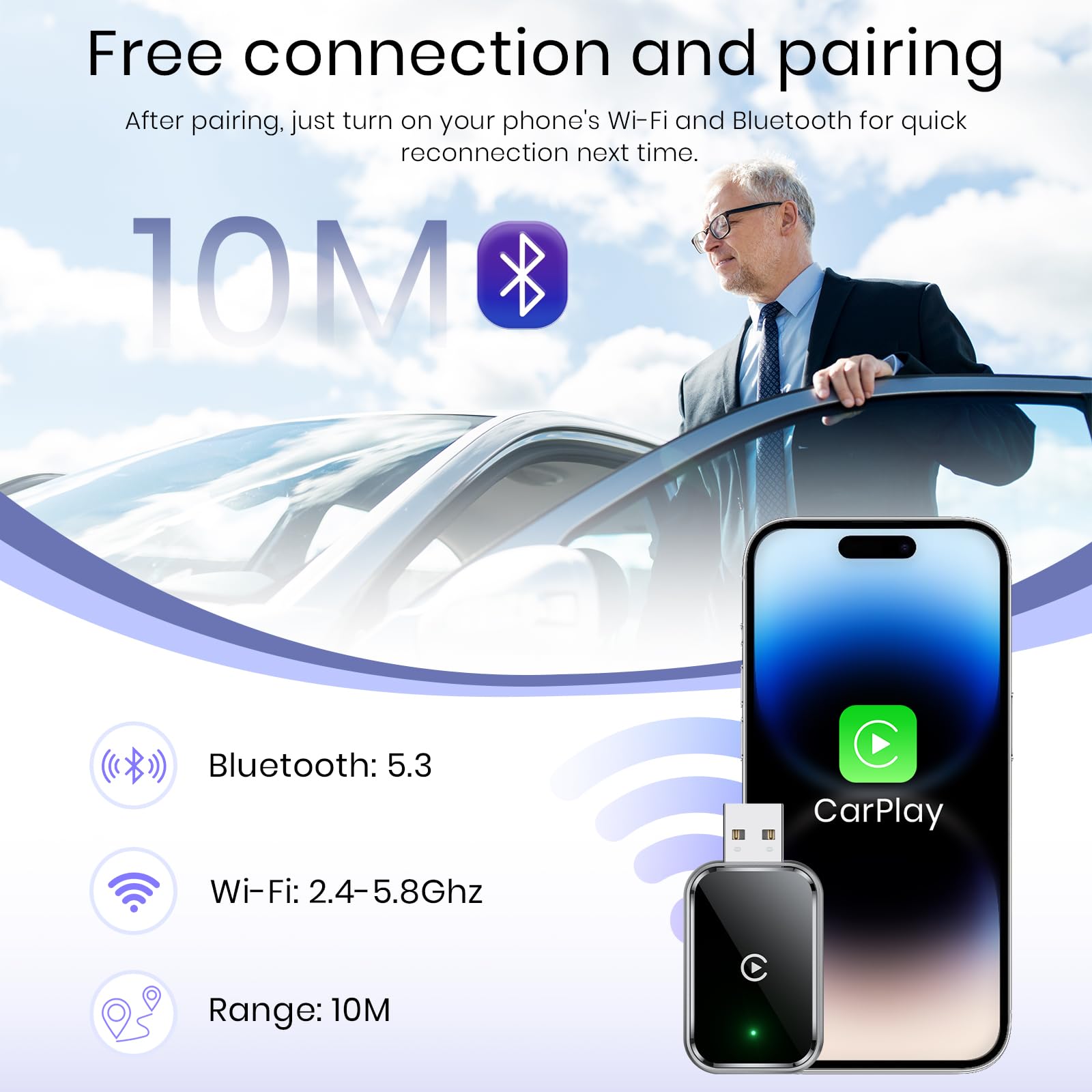 Draadloze CarPlay-adapter voor iPhone, 2 in1 bedraad naar draadloze CarPlay, draadloze Apple Carplay-adapter met USB-C/Type-C Android Auto
