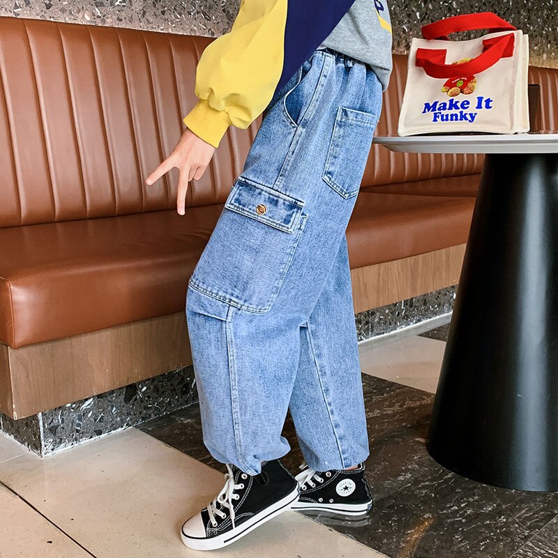 2022 Streetwear Jeans Kinderen Meisje 6 8 12 14 Jaar En Najaar Meisjes Blauw Breed Cargo Broek Denim Voor meisjes Multi-Pocket Jeans