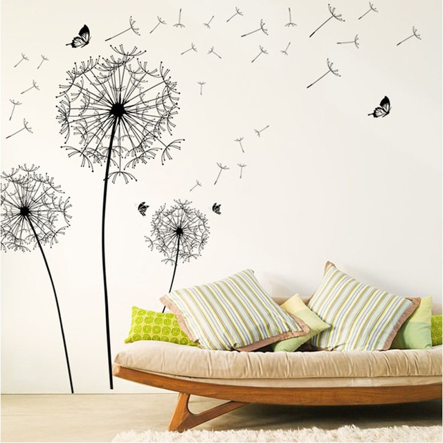 Grote zwarte paardebloem bloem muurstickers home decoratie woonkamer slaapkamer meubilair art decals vlinder muurschilderingen