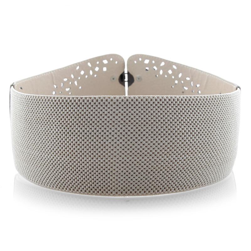 Korean Women Female Hollow Out Metal Buckles Pu Leather Patchwork Elastic Waist Belt , Black Wide Waistand For Woman