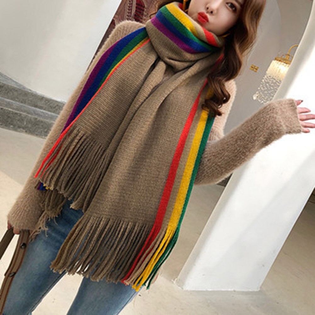 Warme regenboog dames meisjes sjaals omslagdoeken kwastjes lange gebreide sjaal multifunctionele sjaal lxh: Khaki