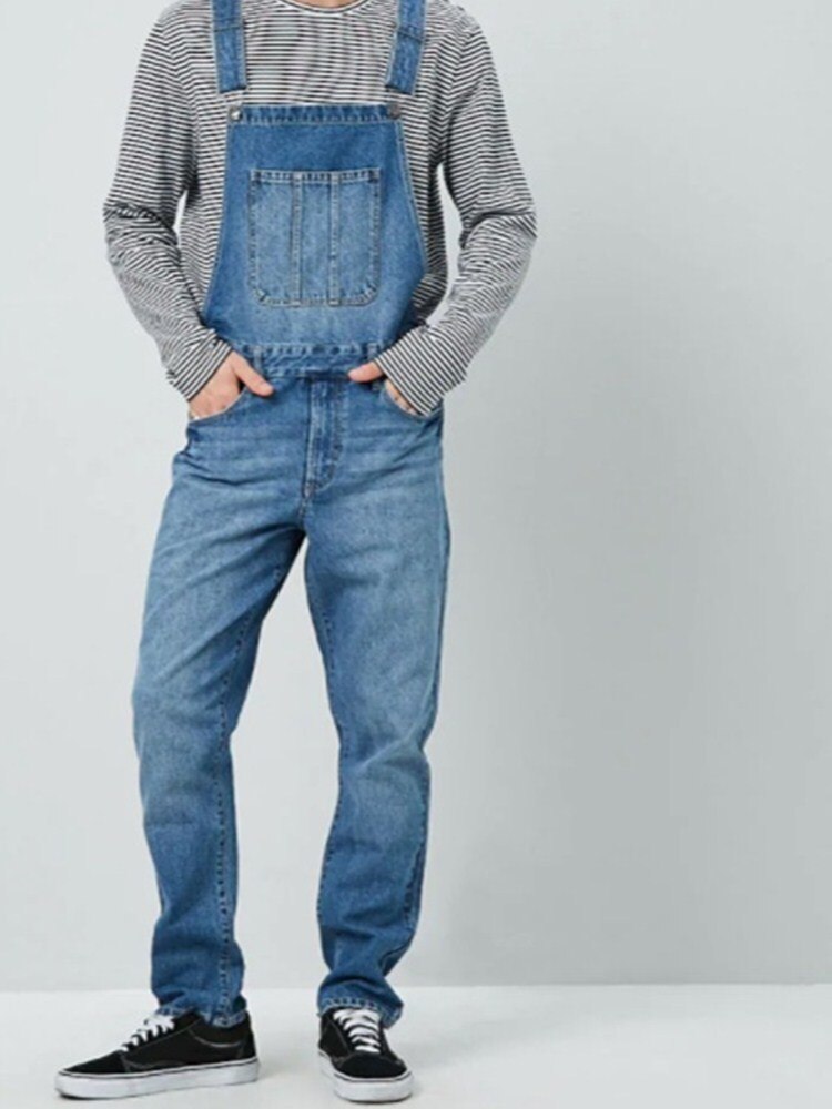 Los hombres Peto vaquero de una pieza pantalones de mezclilla de longitud completa vaqueros chaquetas hombre pantalón vaquero ajustado de estilo Casual overoles pantalones Pantalon: Blue / S