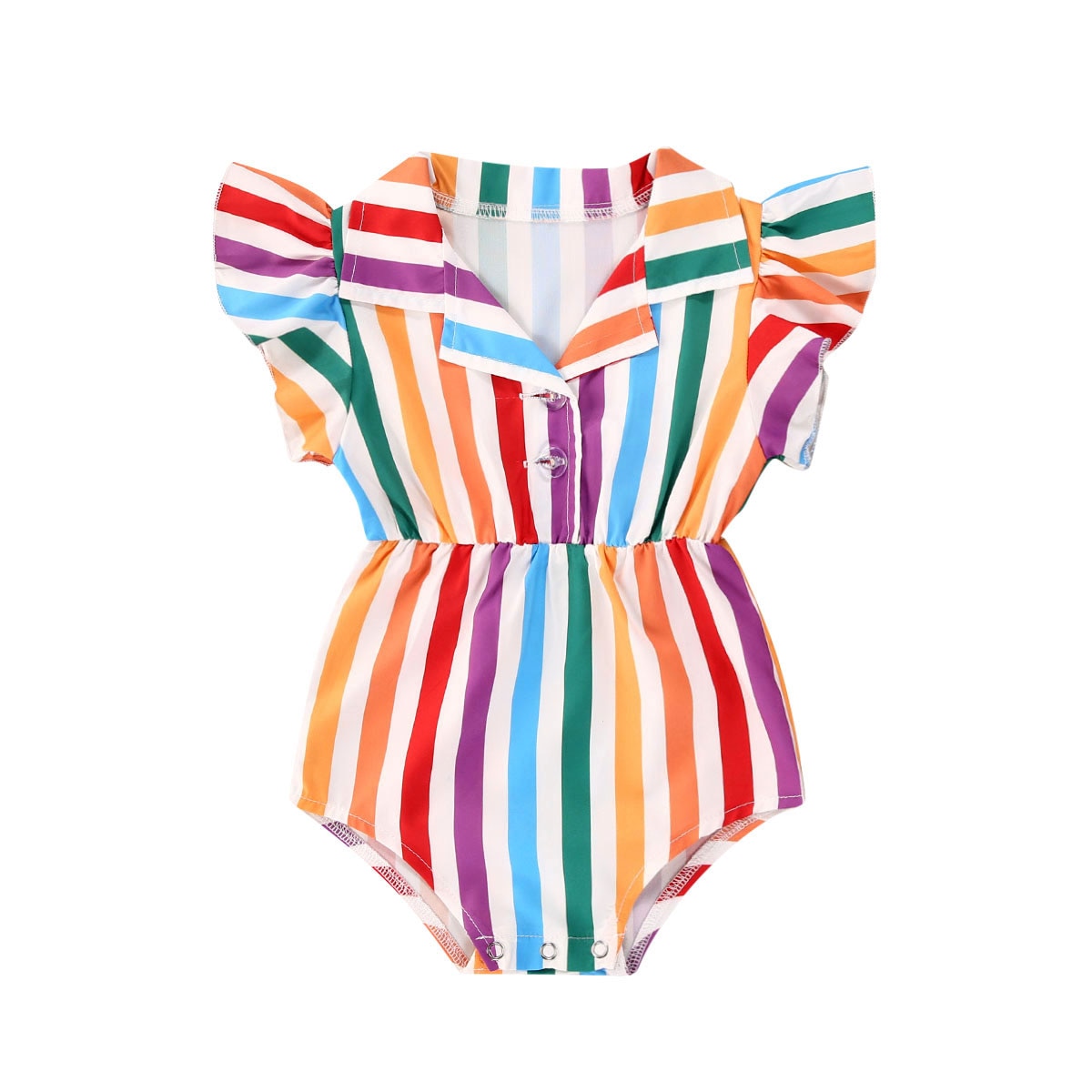 Baby Zomer Kleding Baby Meisje Romper Kleurrijke Gestreepte Regenboog Verticale Strepen Shirt Stijl Single-Breasted Hoge Taille