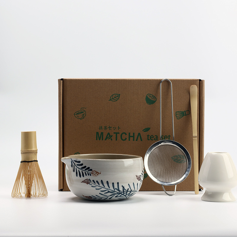 Vintage Matcha Ceramic Set Chawan Bamboo Matcha Whisk Scoop Holder Bamboo Brush Teaspoon and Sieve Matcha Teaset Giftbox: light yellow