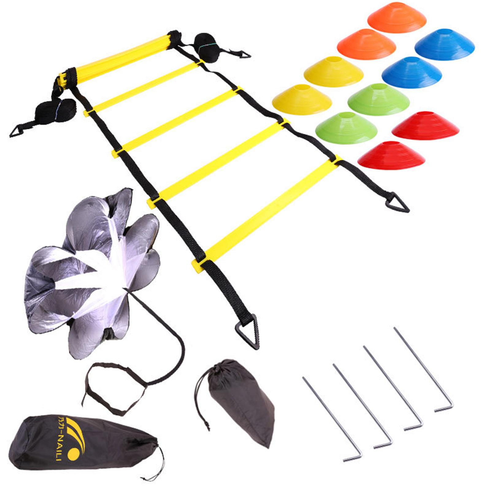 Speed Footaball Agility Ladder Training Equipment Set with Resistance Chutes Disc Cones Steel Stakes Triangle Buttons