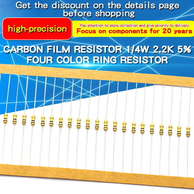 100 Uds 1/4W resistencia de película de carbono 100Ω ~ 220KΩ 5% resistencia 100 120 300 330 1K 1,5K 2,2K 3,3K 10K 20K 100K 150K 220K Ohm