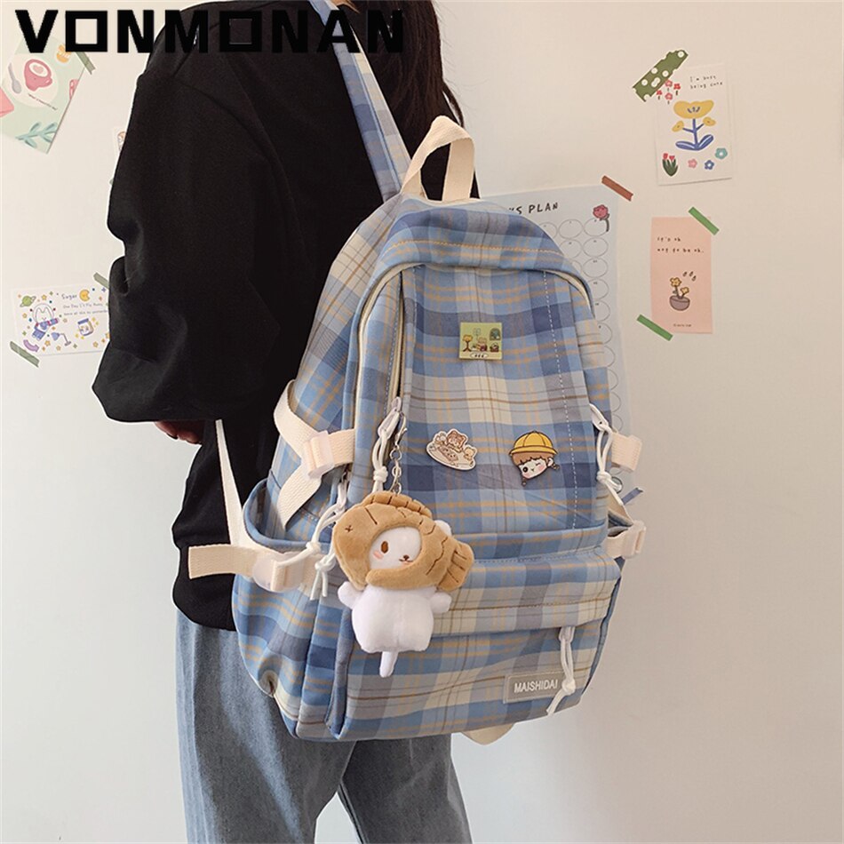 Japanese Plaid Backpack Korean Large Capacity Students Schoolbag Campus Stripe Style Fashionable Girl Waterproof Travel Bag
