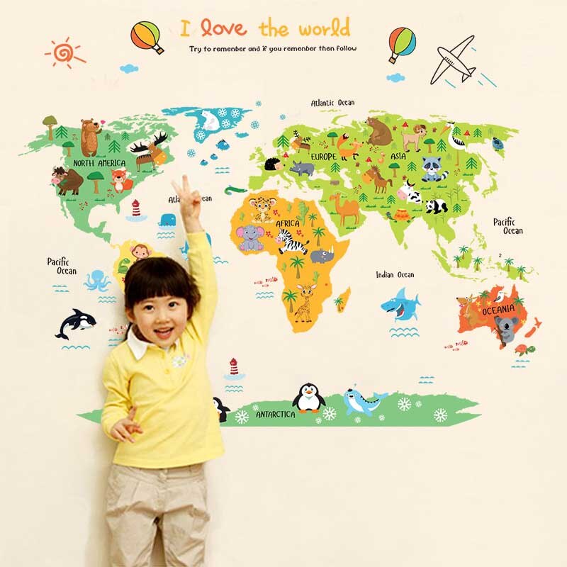 Cartoon Safari Animals World Map Nursery Wall Stickers for Kids Room Decoration Letters Global Maps WXV