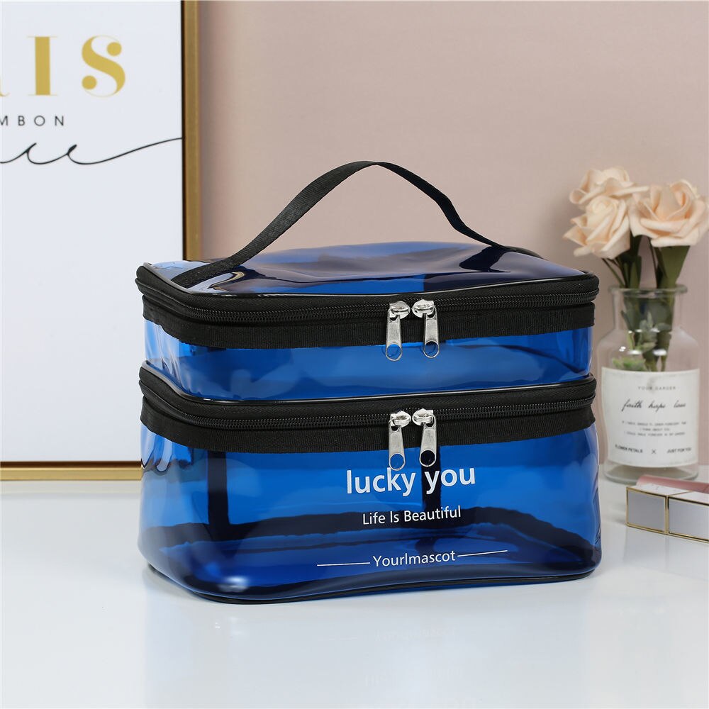 1Pctransparent Dubbele Laag Reizen Cosmetische Zak Jelly Kleur Grote Capaciteit Cosmetische Case Mode Vrouw Wash Organizer Make Tas: blue