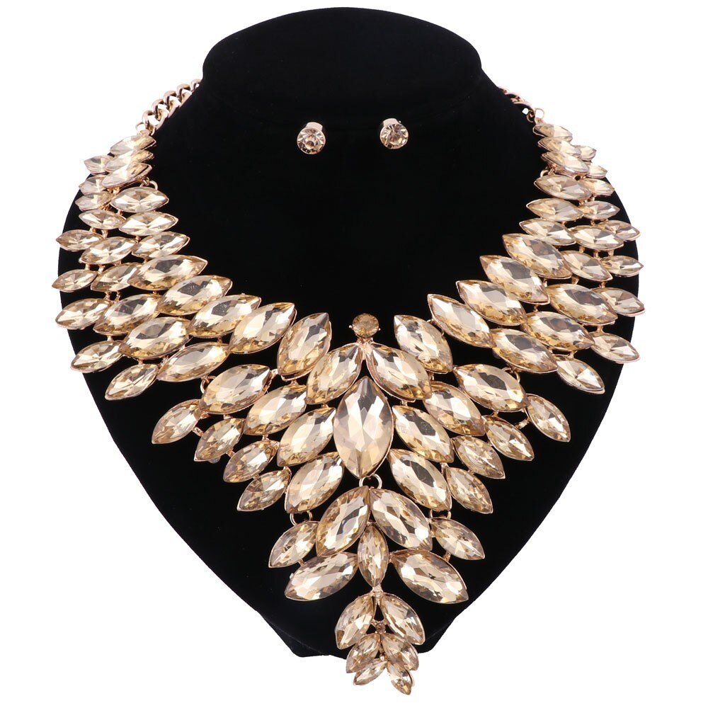 Women Crystal Jewelry Set Gold Color Necklace Earring African Costume Nigerian Wedding Accessories Jewelry Set: Champagne