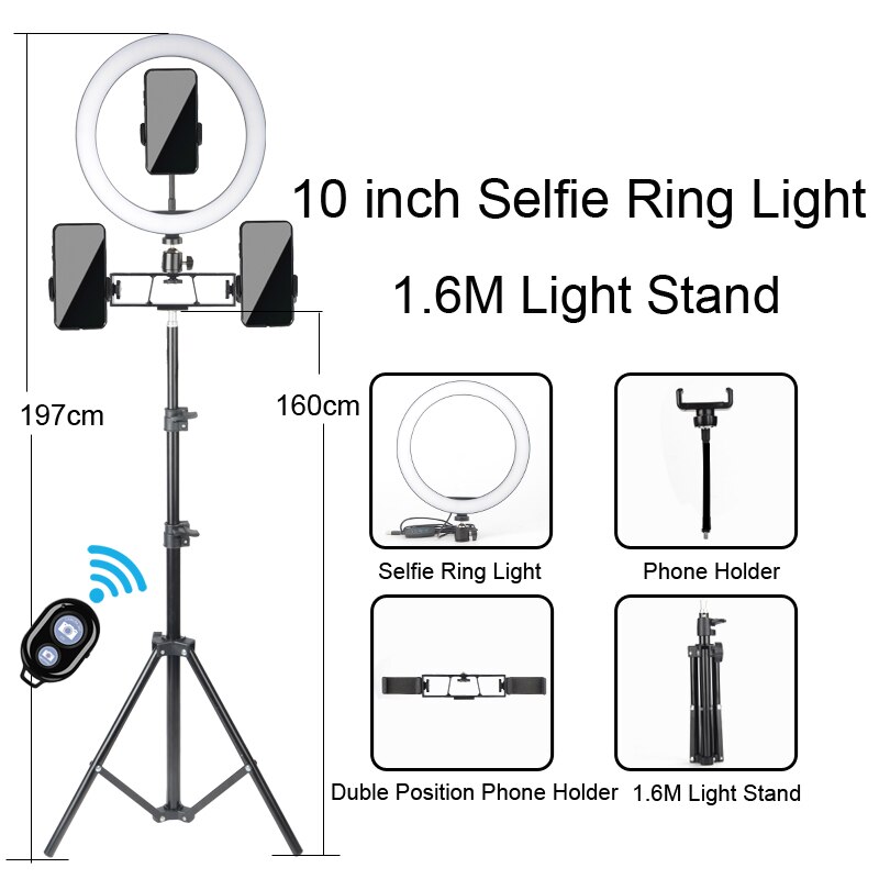 Beauty dimmable LED selfie ring light USB plug with different specifications of tripod,suitable for selfie and live broadcast: 10 inch 160cm double