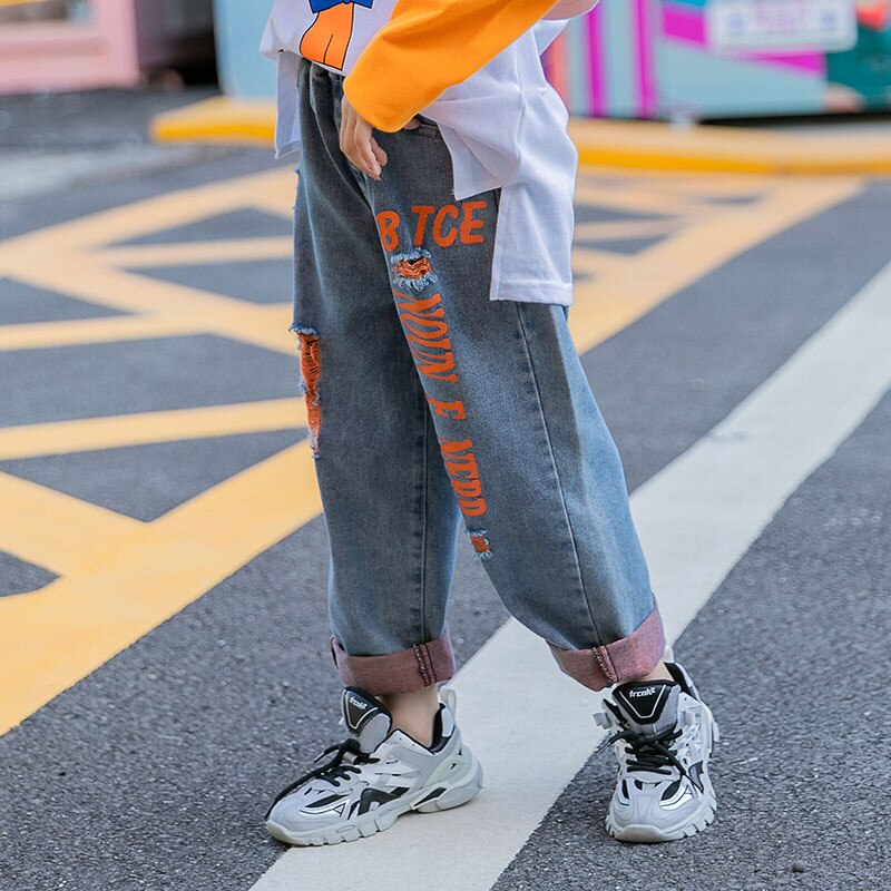 Kids Girls Ripped Jeans 10 12 years Denim Pants Autumn Korean Style Teenage Girls Jeans