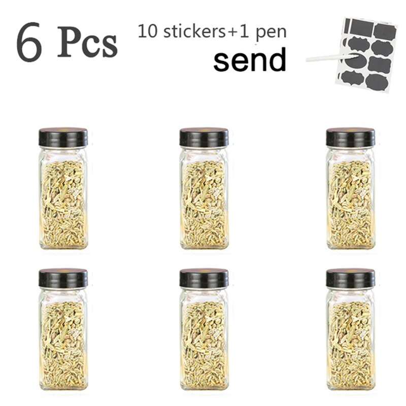 Meerdere Set Kruiden Potten Vierkante Glazen Container Kruiden Fles Keuken Outdoor Camping Kruiden Container Spice Container: 6pcs Black