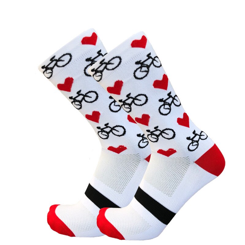 Cykelstrømper mænd kvinder kompression landevejscykelstrømper bjerg hjerteformede kærlige sokker: Hvid