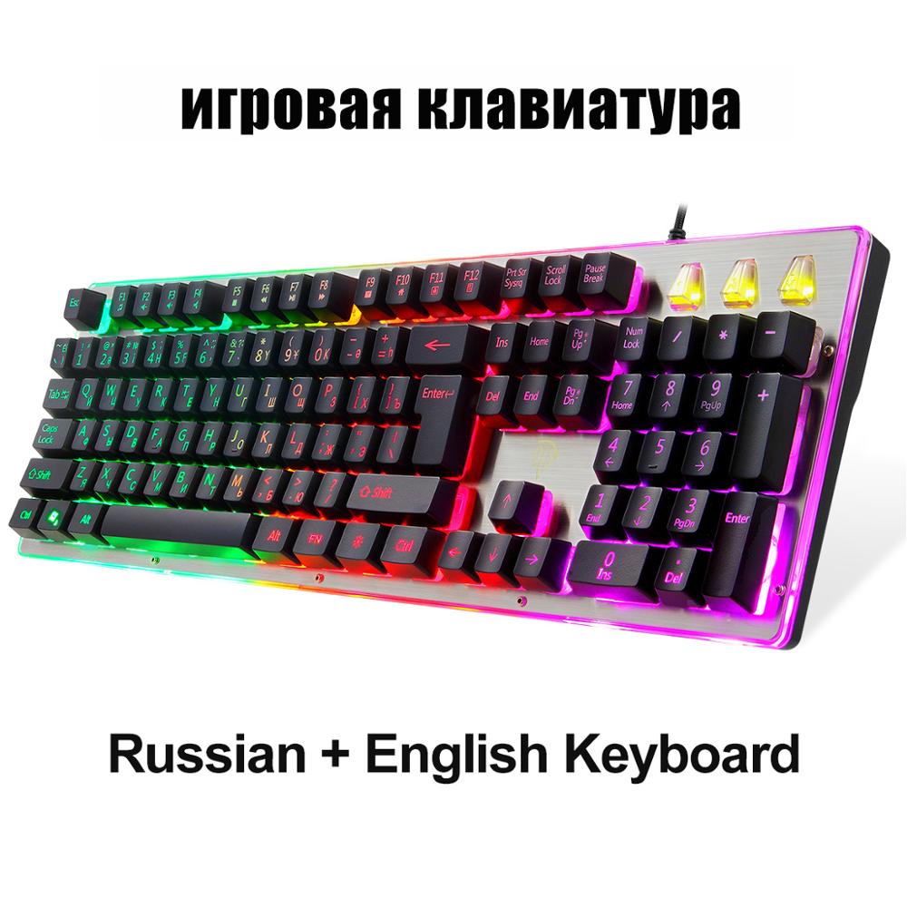 Gaming Keyboards 104-Keys RGB LED Backlit Wired Mechanical Feel Russian Keyboard for PC Laptop Tablet Gamer