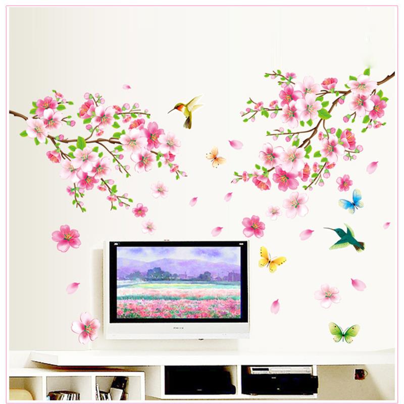 3D Roze Verwijderbare Perzik Pruim Kersenbloesem Bloem Vlinder Vinyl Sticker Muur Thuis Sticker Room Decor