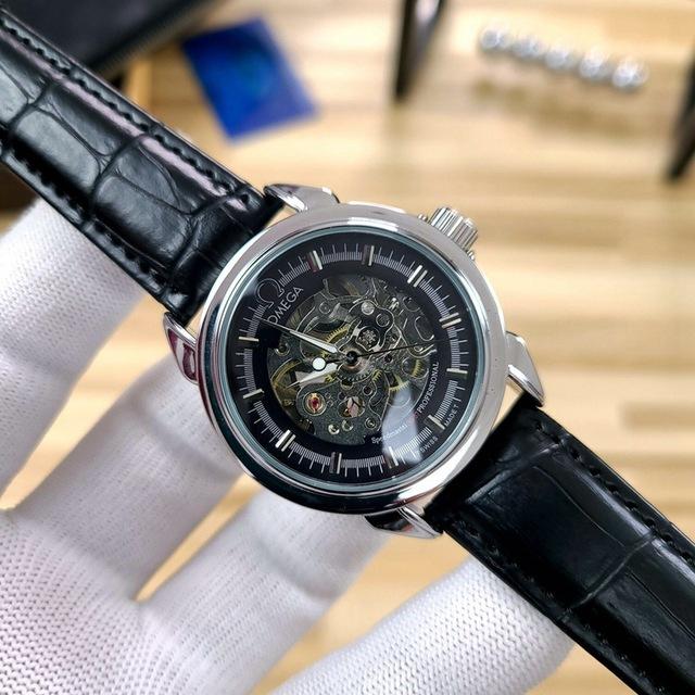 Omega- Brand Automatische Mechanische 007 Horloges Mannen Waterdichte Skeleton Polshorloge Met Vrouwen Mannen Lederen Band: 6