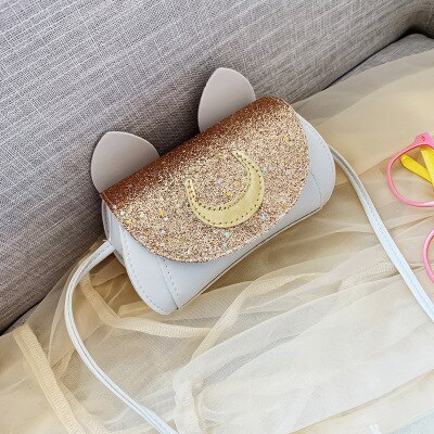 Dejlig lille piges håndtaske månemønster pailletter crossbody taske med søde katte ører børn taske bolsa: Guld