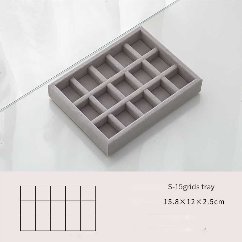 Caja de joyería artesanal hecha a mano, cajón organizador de almacenamiento de joyas de terciopelo suave gris, pendientes, collar, colgante, pulsera, bandeja, 9 opciones: S 15grids tray