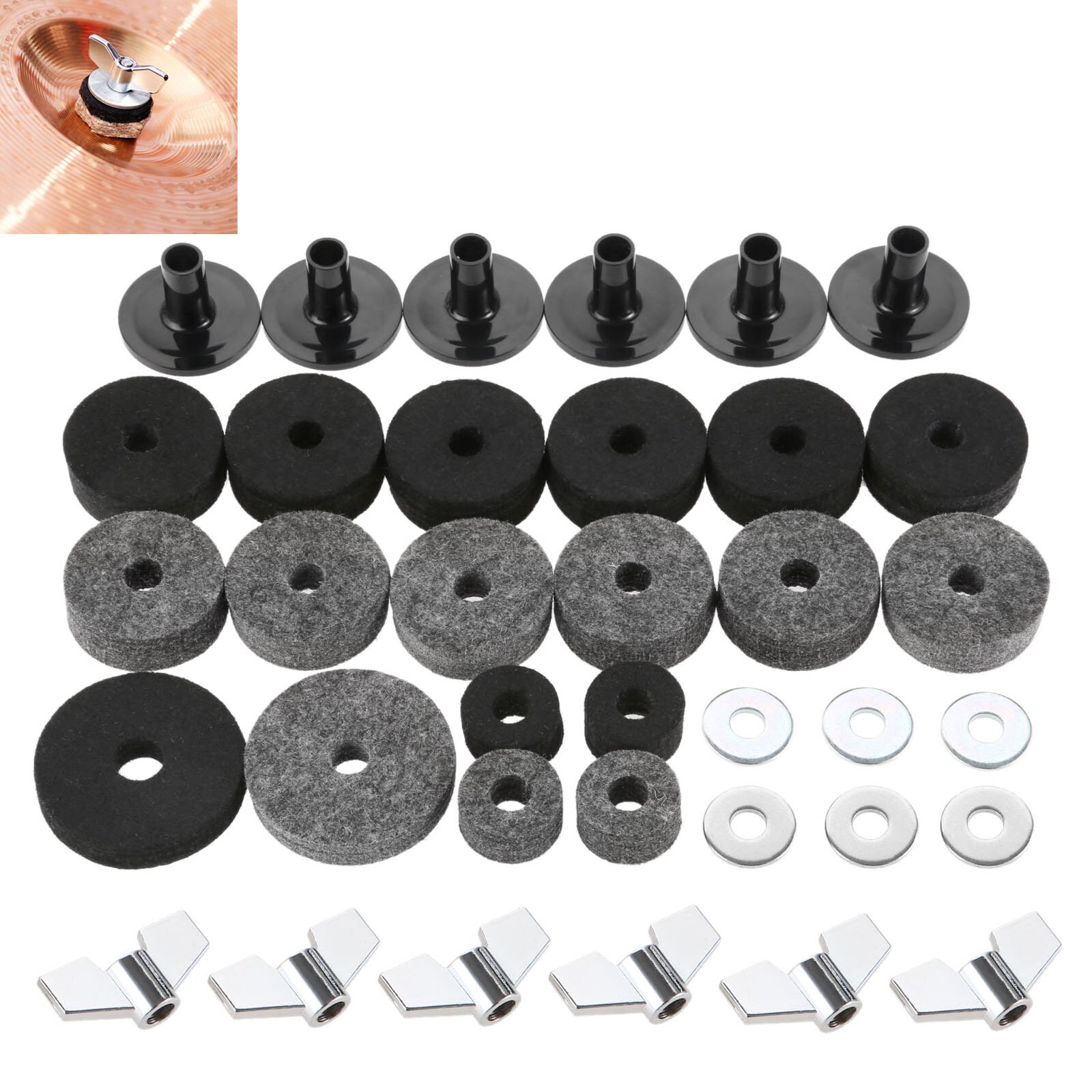 Feutres de cymbale pour chapeau, pochette, feutre, tasse, manches de support, avec écrous d&#39;aile de Base et rondelle de cymbale pour tambour, lot de 18 pièces