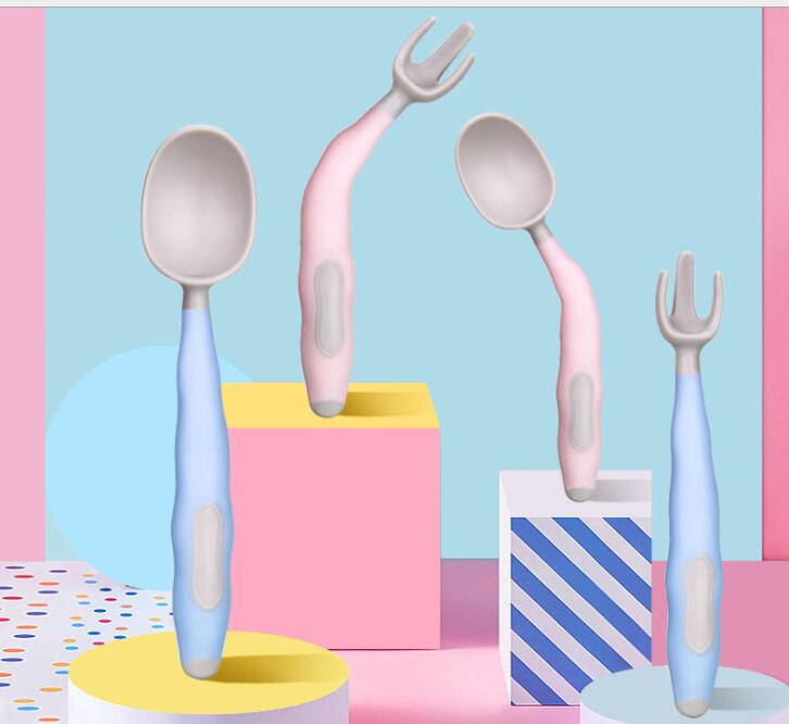 2 Teile/satz Baby Obst Gabel Löffel einstellen Nette Karikatur Baby Ausbildung Löffel Gabel Geschirr einstellen Gebogene Biegen Baby Utensil setzt: Blau grau